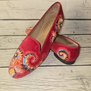 Stubbs & Wootton Velvet Smoking Slippers Embroidered Floral Loafers Red 8.5